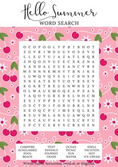 Summer word search puzzle.  Educational game. Crossword suitable for social media post. Party card. Printable colorful worksheet for learning English words. Vector illustration
