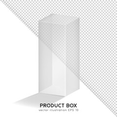 Transparent isometric rectangular box for product presentation (cosmetic, medicals, etc.) White empty glass container mockup. 3D realistic packaging, shipping case, cube. Vector illustration EPS 10