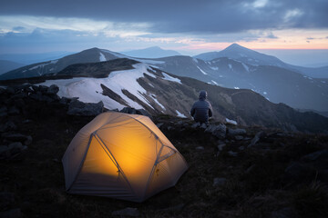 Grey tent lighted from the inside by a flashlight against the backdrop of an incredible mountain landscape. Amazing evening highland. Tourism concept - obrazy, fototapety, plakaty