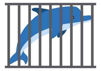 Delfín azul en cautiverio tras una jaula. 