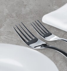 Elegance empty plate, napkin, cutlery set on the desk