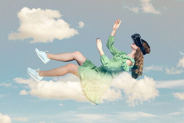 Gamer girl in dress hovering in air, levitating with virtual reality glasses on head, playing game...