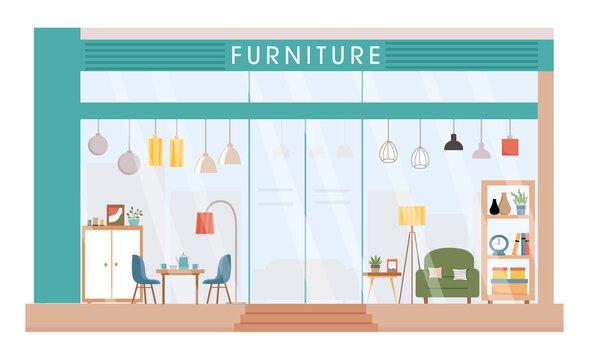Furniture store facade. Modern furniture shop Vector illustration. Shop window with table, chairs, armshair, lamps, wardrobe, home decor. Front view of furniture store.