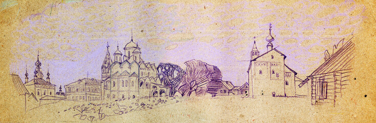 Architectural pencil and pastel sketch on faded craft paper. Orthodox monastery in Suzdal, Russia - obrazy, fototapety, plakaty