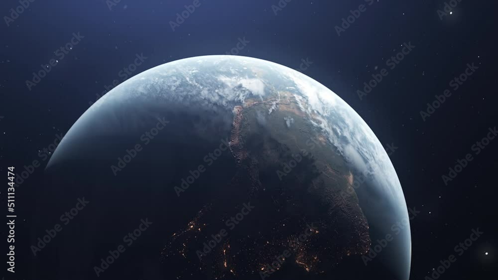 Poster rotating earth with change of day. motion. 3d model of natural planet earth with accelerated rotatio