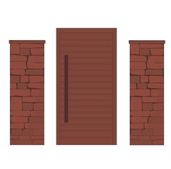 Gate and stone fence. Vector stock illustration. Outdoor landscape. Security and privacy concept. Isolated on a white background.