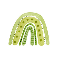 Cute green rainbow with ornament - dots and dashes. Design for baby textile, print, nursery decor, children decoration, kids room. Watercolor illustration isolated on white background.