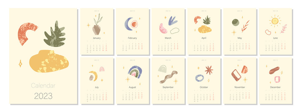 Boho calendar template for 2023. Various shapes in abstract style modern grunge texture. Editable illustration page template A4, A3, set of 12 months with cover. Vector. Week starts on Monday