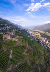 Panoramic aerial view of landscape of Valtellina with his vineyards, Grumello, Lombardy. 