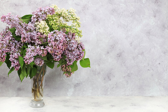 Home interior with decor elements, beautiful spring branches of lilacs in a vase on a light background, abstract flower arrangement, still life with place for text, floral birthday card, wedding