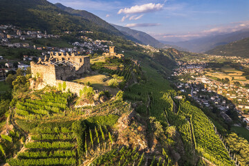 Fototapeta na wymiar Aerial view of landscape of Valtellina with his vineyards, Grumello, Lombardy. 