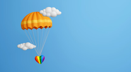Heart lgbtq+ with parachute among clouds with blue sky background and copy space