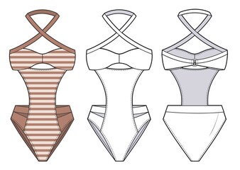 Vintage Swimsuit fashion design. Women's Swimsuit fashion flat technical drawing template. Swimwear fashion design.