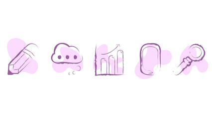 Soft icons set - pencil, communication cloud, data insight chart, phone gadget, lens - loupe