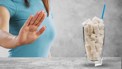 Woman refusing sugar. Health care concept, Diabetes prevention background