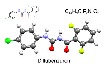 Chemical formula, skeletal formula, and 3D ball-and-stick model of insecticide diflubenzuron, white background