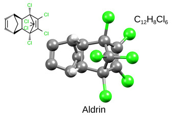 Chemical formula, skeletal formula, and 3D ball-and-stick model of organochlorine insecticide aldrin, white background