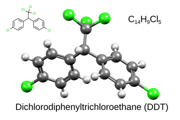 Chemical formula, skeletal formula, and 3D ball-and-stick model of organochlorine insecticide dichlorodiphenyltrichloroethane (DDT), white background