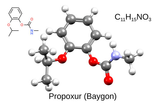 Chemical formula, skeletal formula, and 3D ball-and-stick model of carbamate insecticide propoxur (baygon), white background