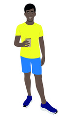 Portrait of a black guy in full growth with a paper glass of coffee in his hand, vector isolated on a white background, coffee to go