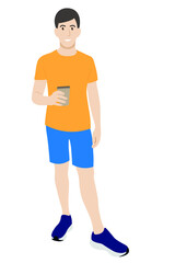 Portrait of a guy in full growth with a paper glass of coffee in his hand, vector isolated on a white background, coffee to go