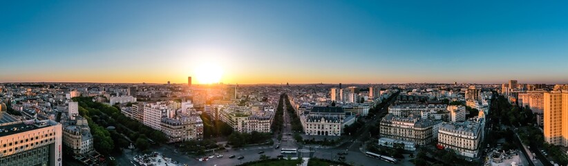 Amazing panorama of Paris very early in the morning, with Eiffel Tower.  Panorama of Paris at sunset. Aerial view of Paris. High resolution aerial panorama of Paris. Paris rooftop view. 