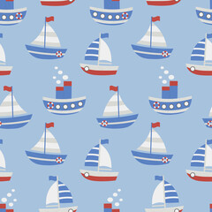 Cute children's illustration with nautical theme on colored background: sailboat, steamer. Seamless pattern with ships. For children's textiles, backgrounds. Vector image in doodle style.