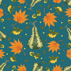 Fototapeta na wymiar Seamless pattern with zucchini, sea buckthorn berries and maple leaves.Vector graphics.