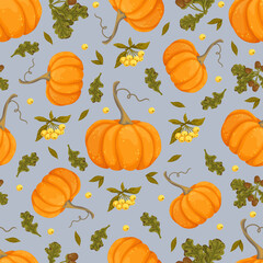 Seamless pattern with pumpkins, berries and oak tree branches. Vector graphics.