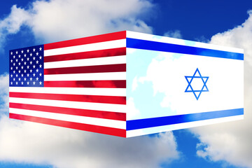 USA Flag and Israel Flag. Two states, two flags - American and Israeli flags on the background blue sky with clouds. Concept: US-Israel relations