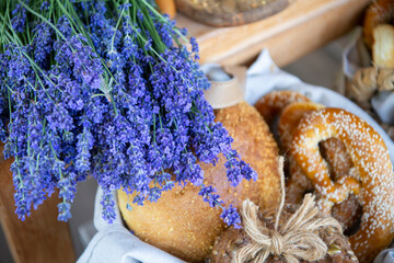 Various types of pastries from the dough decorated with lavender