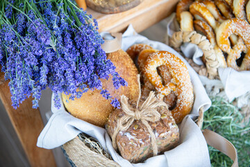 Various types of pastries from the dough decorated with lavender