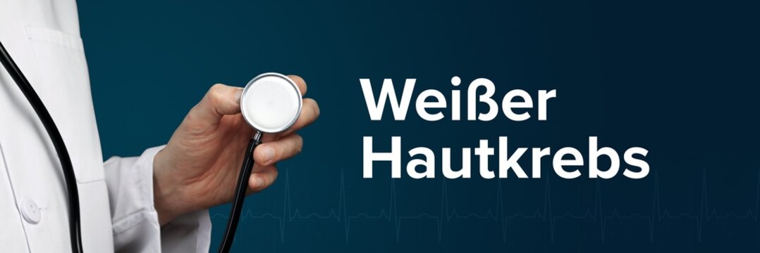 Wei&szlig;er Hautkrebs (Basaliom). Arzt h&auml;lt Stethoskop in Hand. Begriff steht daneben. Blauer Hintergrund mit EKG. Medizin