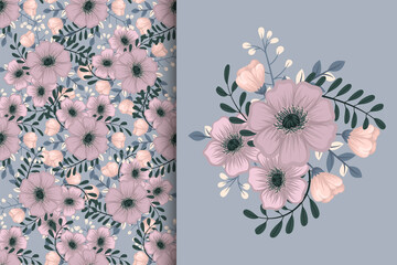 Flower bouquet with seamless pattern. Floral background set.