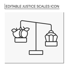  Balance line icon. Antique balance scales with apple and sweets. Choice between healthy food and desserts. Diet. Justice scales concept. Isolated vector illustration. Editable stroke