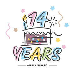 14 Years Anniversary handwritten typography lettering Greeting card with colorful big cake, sparkle firework, number, candle and confetti
