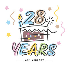 28 Years Anniversary handwritten typography lettering Greeting card with colorful big cake, sparkle firework, number, candle and confetti