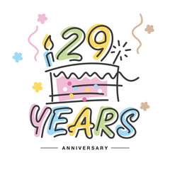 29 Years Anniversary handwritten typography lettering Greeting card with colorful big cake, sparkle firework, number, candle and confetti