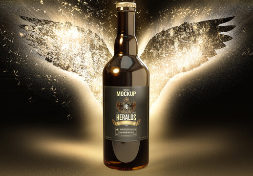 Beer Bottle Mockup with Bright Wings Disintegrating at Background