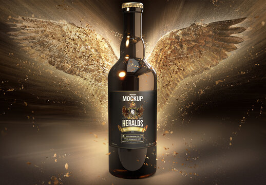 Beer Bottle Mockup with Disintegrating Gold Wings at the Background