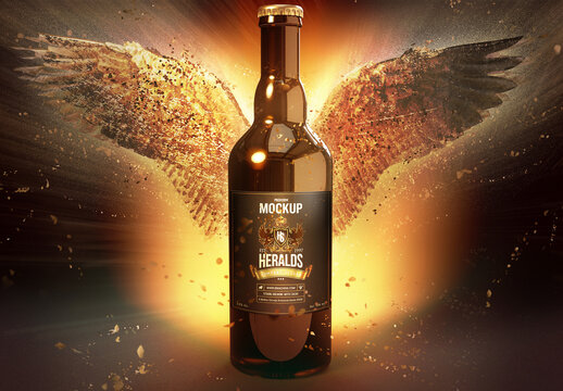 Beer Bottle Mockup with Disintegrating Fire Wings at the Background