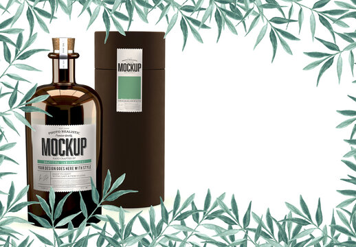 Dark Pharma Bottle and the Box on a White Background with Floral Ornaments