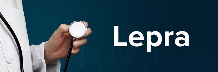 Lepra. Arzt hält Stethoskop in Hand. Begriff steht daneben. Blauer Hintergrund mit EKG. Medizin