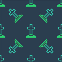 Line Grave with cross icon isolated seamless pattern on blue background. Vector