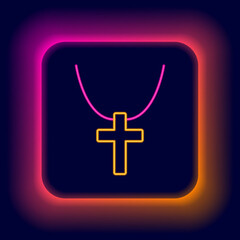 Glowing neon line Christian cross on chain icon isolated on black background. Church cross. Colorful outline concept. Vector