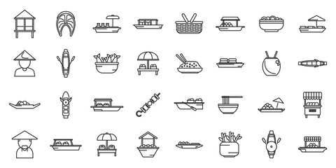 Floating market icons set outline vector. Asian basket