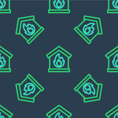 Line Fire in burning house icon isolated seamless pattern on blue background. Vector