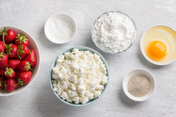 Ingredients for homemade cottage cheese gnocchi with strawberry sauce: cottage cheese, strawberry,...
