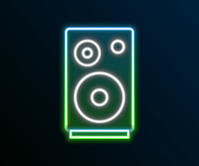 Glowing neon line Stereo speaker icon isolated on black background. Sound system speakers. Music icon. Musical column speaker bass equipment. Colorful outline concept. Vector