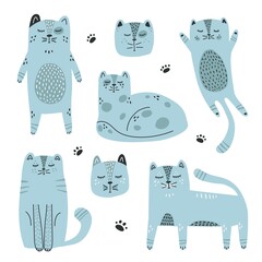 Cute blue cats hand-drawn. A children's set of funny cats in Scandinavian style. Color flat vector illustration isolated on white.